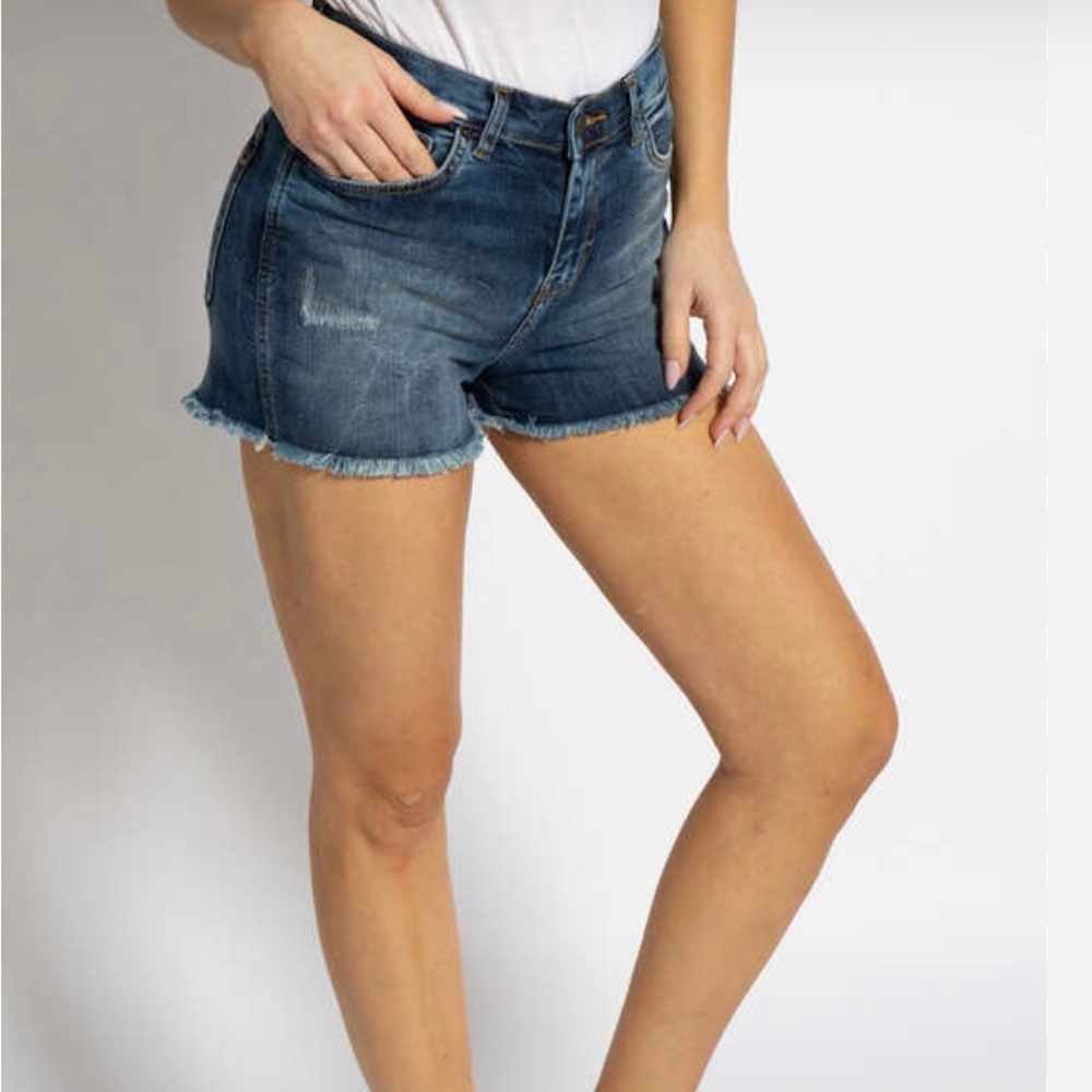True Religion Dark Blue Frayed Hem Denim Jean Shorts